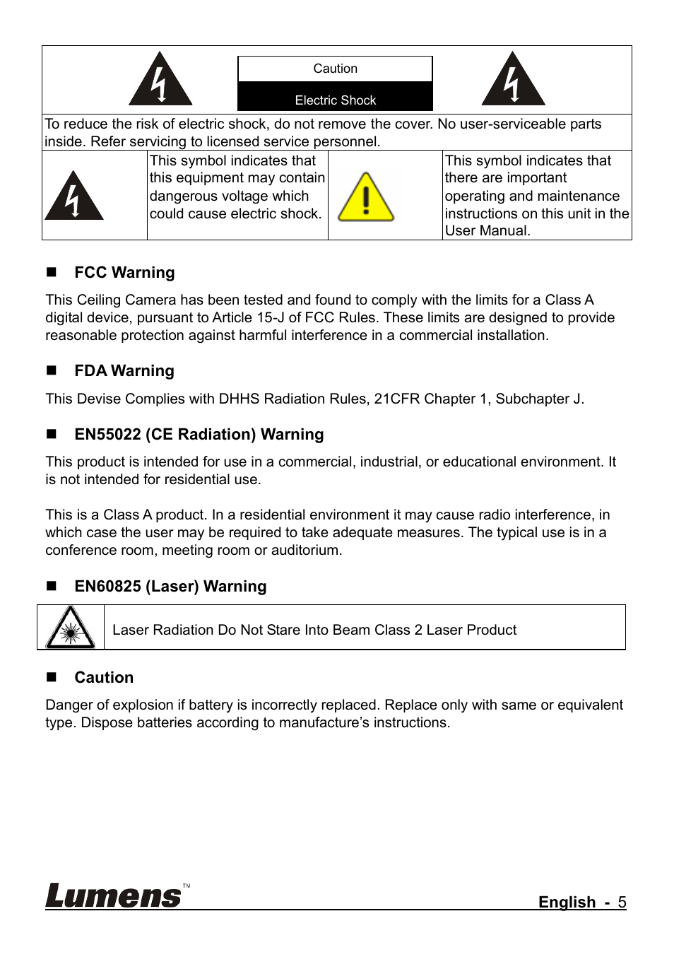 Fcc warning, Fda warning, En55022 (ce radiation) warning | En60825 (laser) warning, Caution | Lumens Technology CL510 User Manual | Page 6 / 42