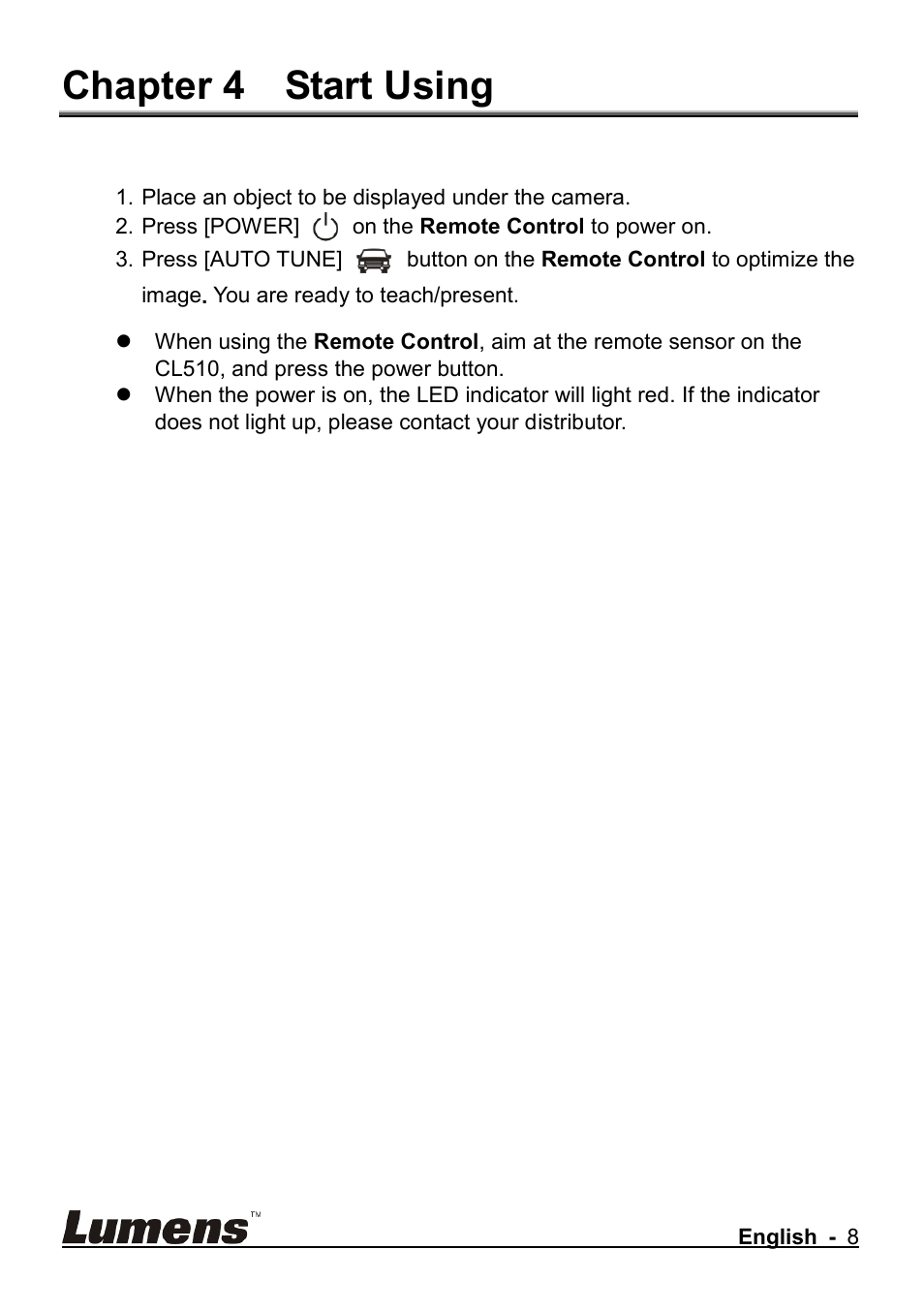 Chapter 4 start using | Lumens Technology CL510 User Manual | Page 9 / 42