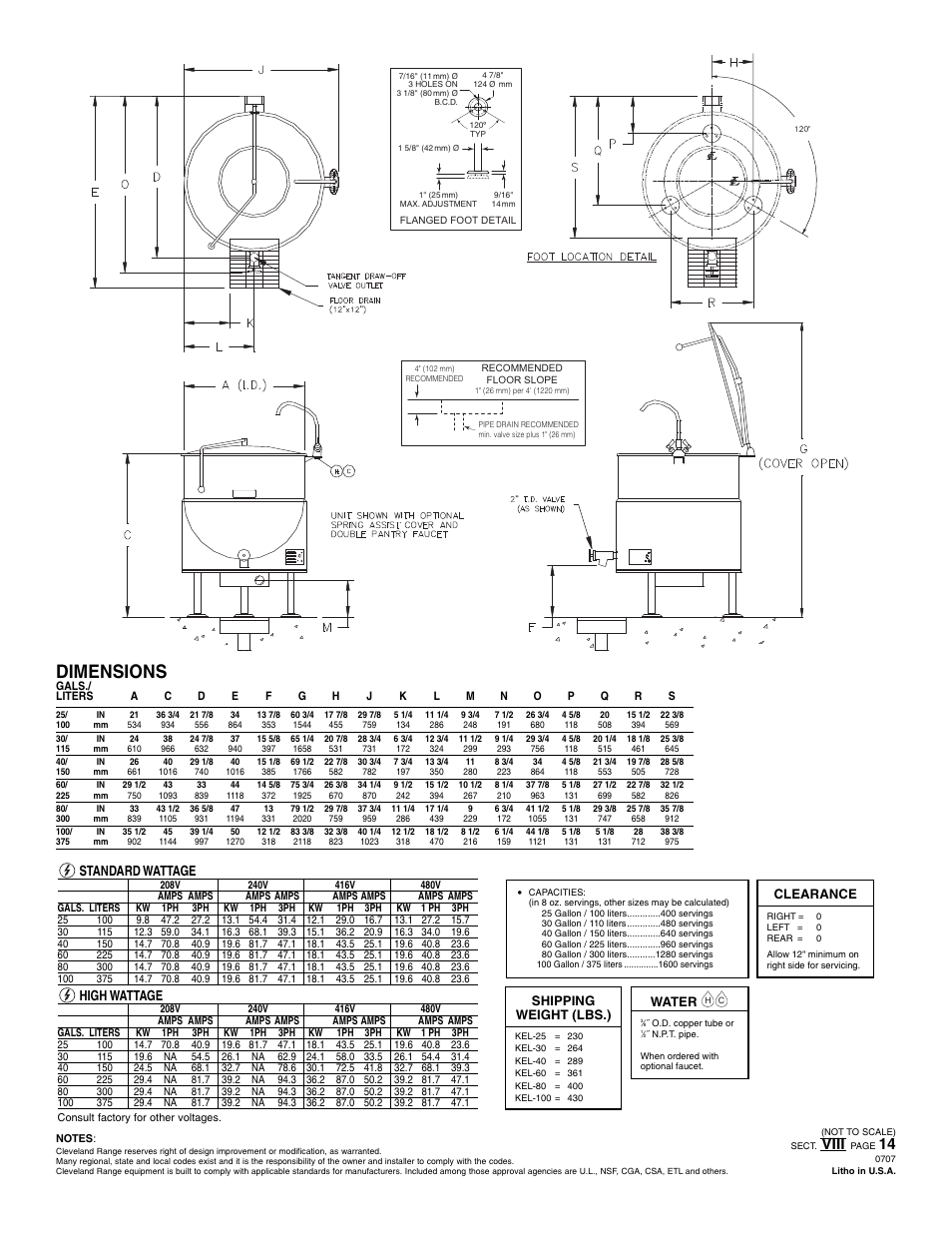 Dimensions, Viii, Standard wattage | High wattage, Clearance water, Shipping weight (lbs.) | Cleveland Range KEL-25 User Manual | Page 2 / 2