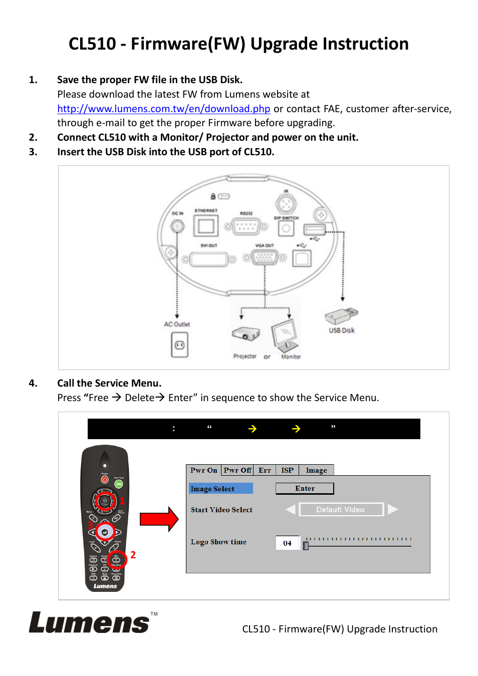 Lumens Technology CL510 Firmware Upgrade Instruction User Manual | 2 pages