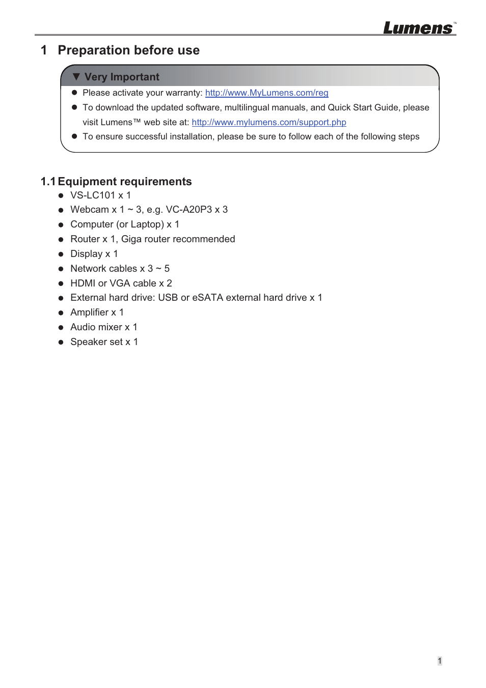 Vs-lc101-installation guide-english-2015-0129a, 1 preparation before use, 1 equipment requirements | Lumens Technology VS-LC101 Installation User Manual | Page 2 / 11