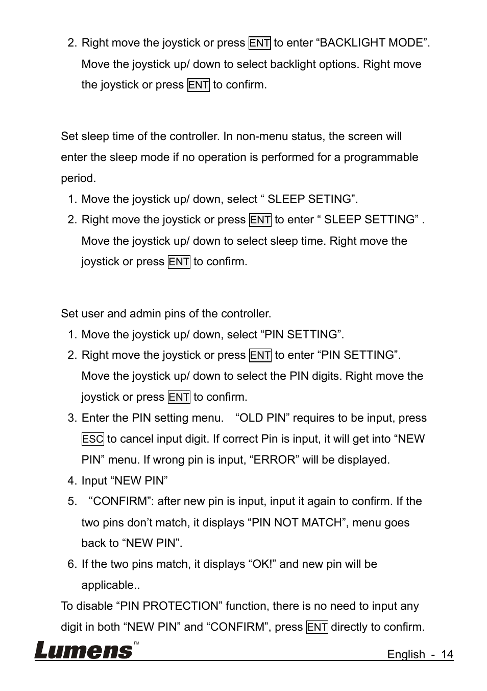 5 sleep setting, 6 pin setting | Lumens Technology VS-K20 User Manual | Page 15 / 17