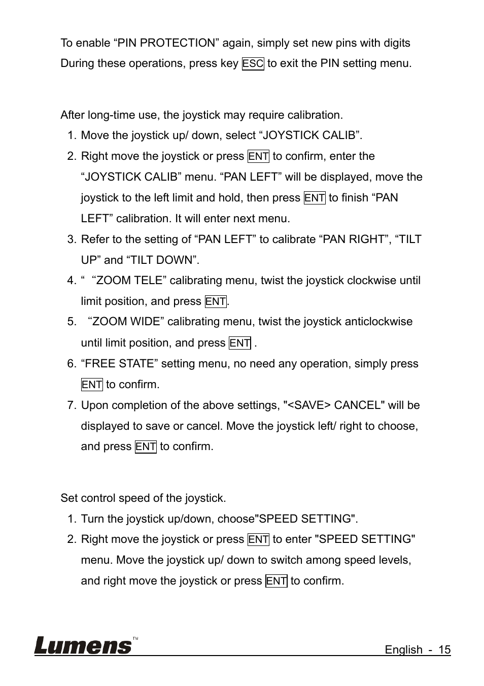 7 joystick calib, 8 speed setting | Lumens Technology VS-K20 User Manual | Page 16 / 17
