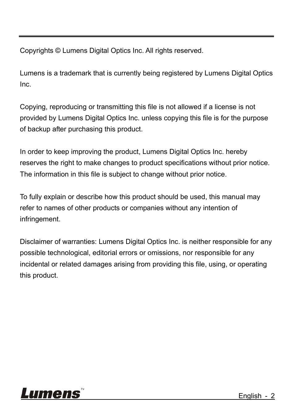 Copyright information | Lumens Technology VS-K20 User Manual | Page 3 / 17