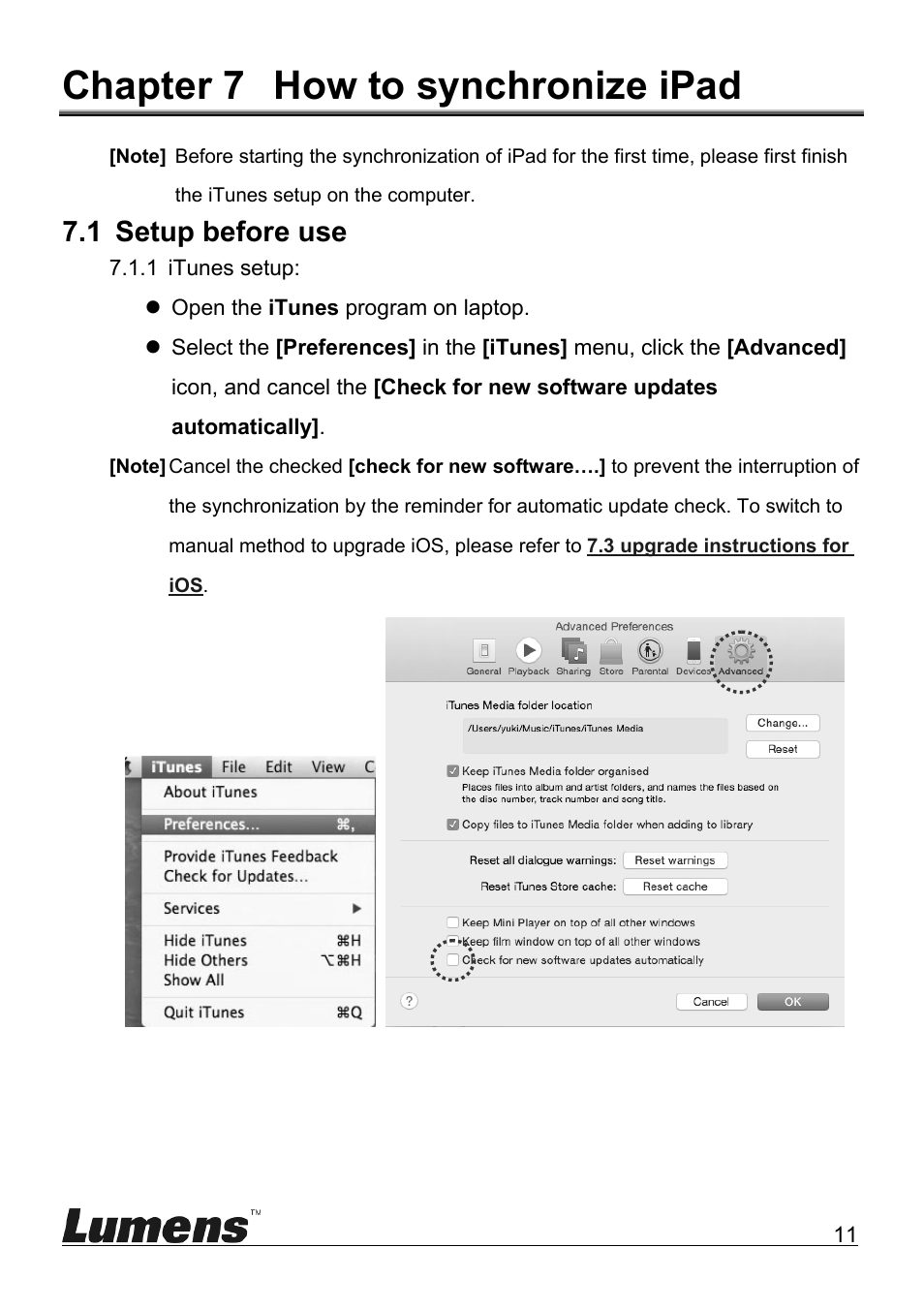 Chapter 7 how to synchronize ipad, 1 setup before use | Lumens Technology CT-S50 User Manual | Page 13 / 19