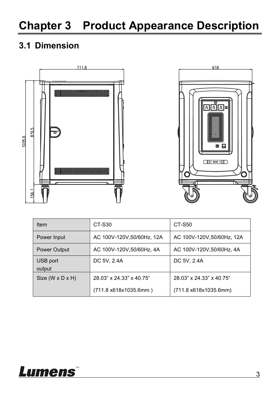 Chapter 3 product appearance description, 1 dimension | Lumens Technology CT-S50 User Manual | Page 5 / 19