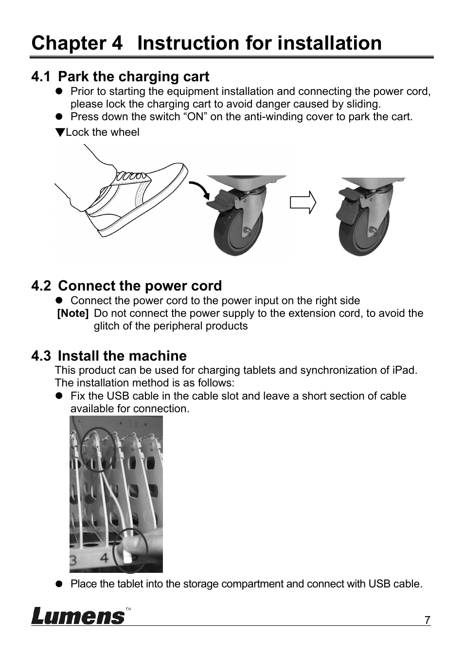 Chapter 4 instruction for installation, 1 park the charging cart, 2 connect the power cord | 3 install the machine | Lumens Technology CT-S50 User Manual | Page 9 / 19