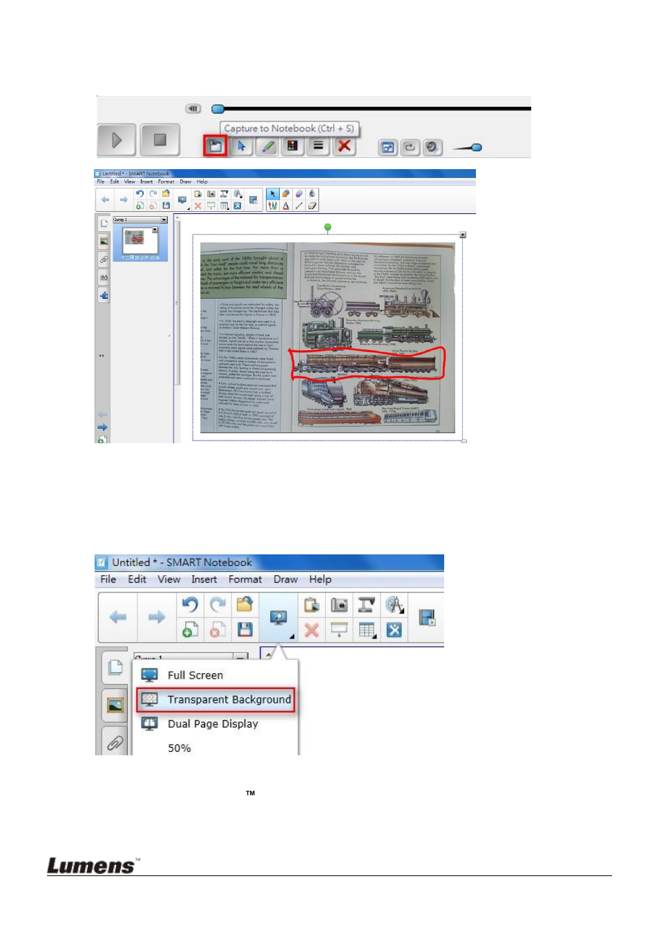 Use [transparent background] function | Lumens Technology SMART Board(PC) User Manual | Page 8 / 12