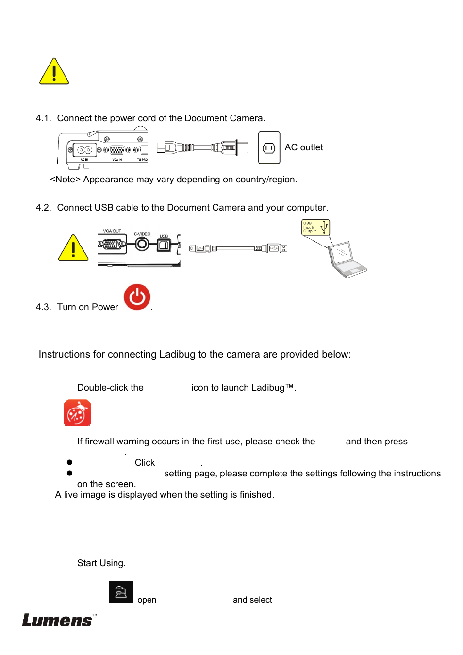 Connection to the hardware, Start to use ladibug | Lumens Technology Ladibug 3.0 User Manual | Page 9 / 44