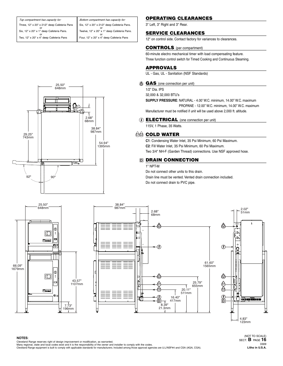 Operating clearances, Service clearances, Controls | Approvals, Electrical, Cold water, Drain connection | Cleveland Range STEAMCHEF (2) 22CGT36.1 User Manual | Page 2 / 2