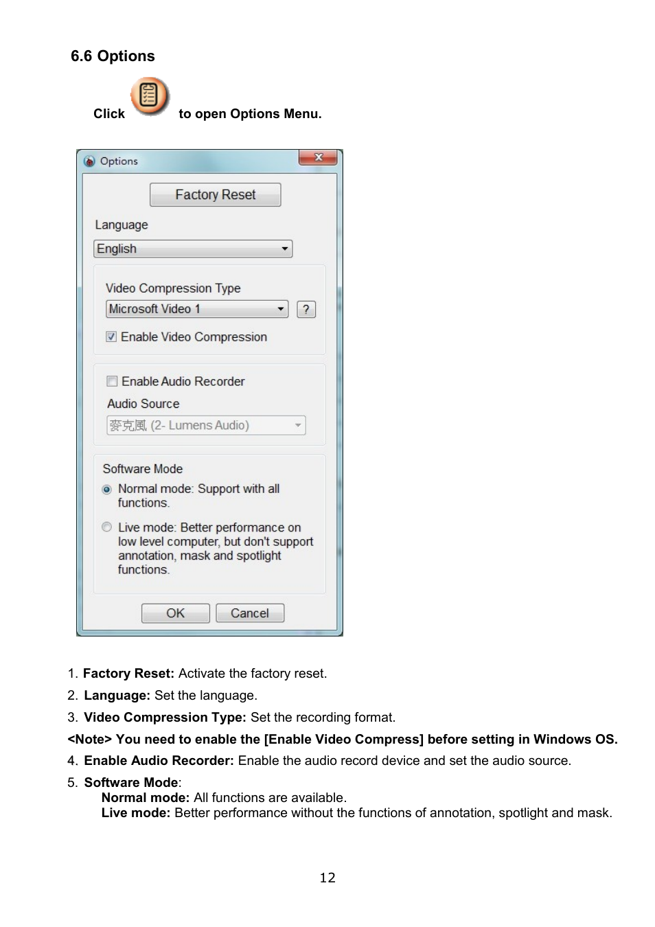 6 options | Lumens Technology Ladibug PC 2.0 User Manual | Page 13 / 20