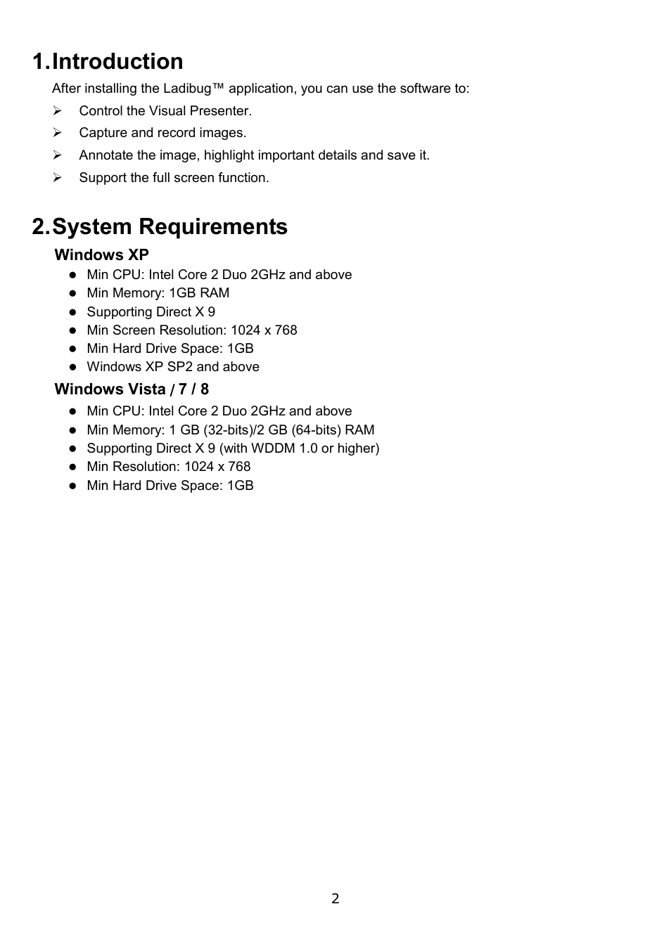 Introduction, System requirements, Windows xp | Windows vista / 7 / 8 | Lumens Technology Ladibug PC 2.0 User Manual | Page 3 / 20