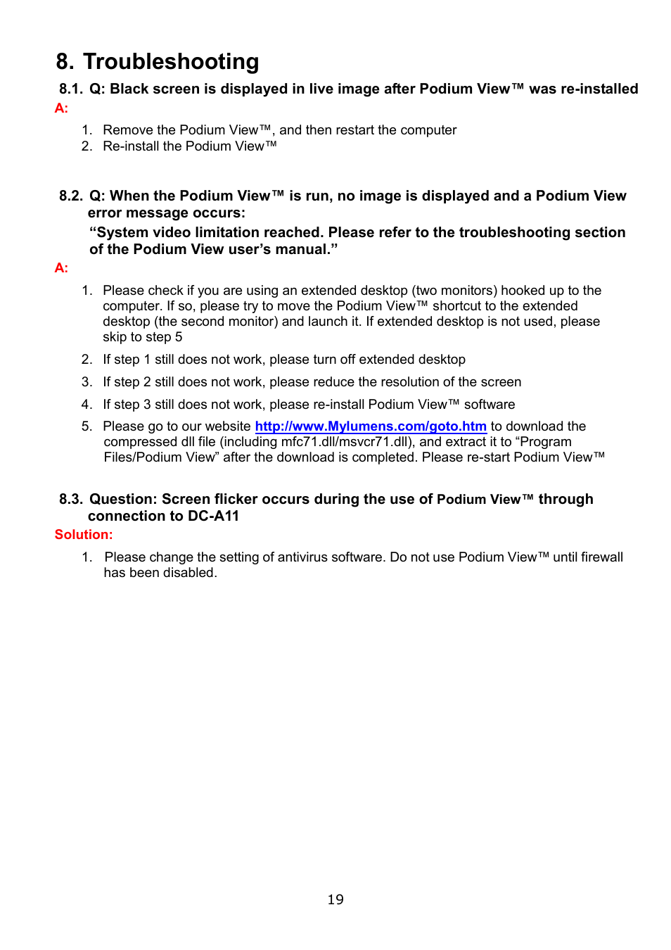 Troubleshooting | Lumens Technology Podium View PC2.0 User Manual | Page 20 / 20