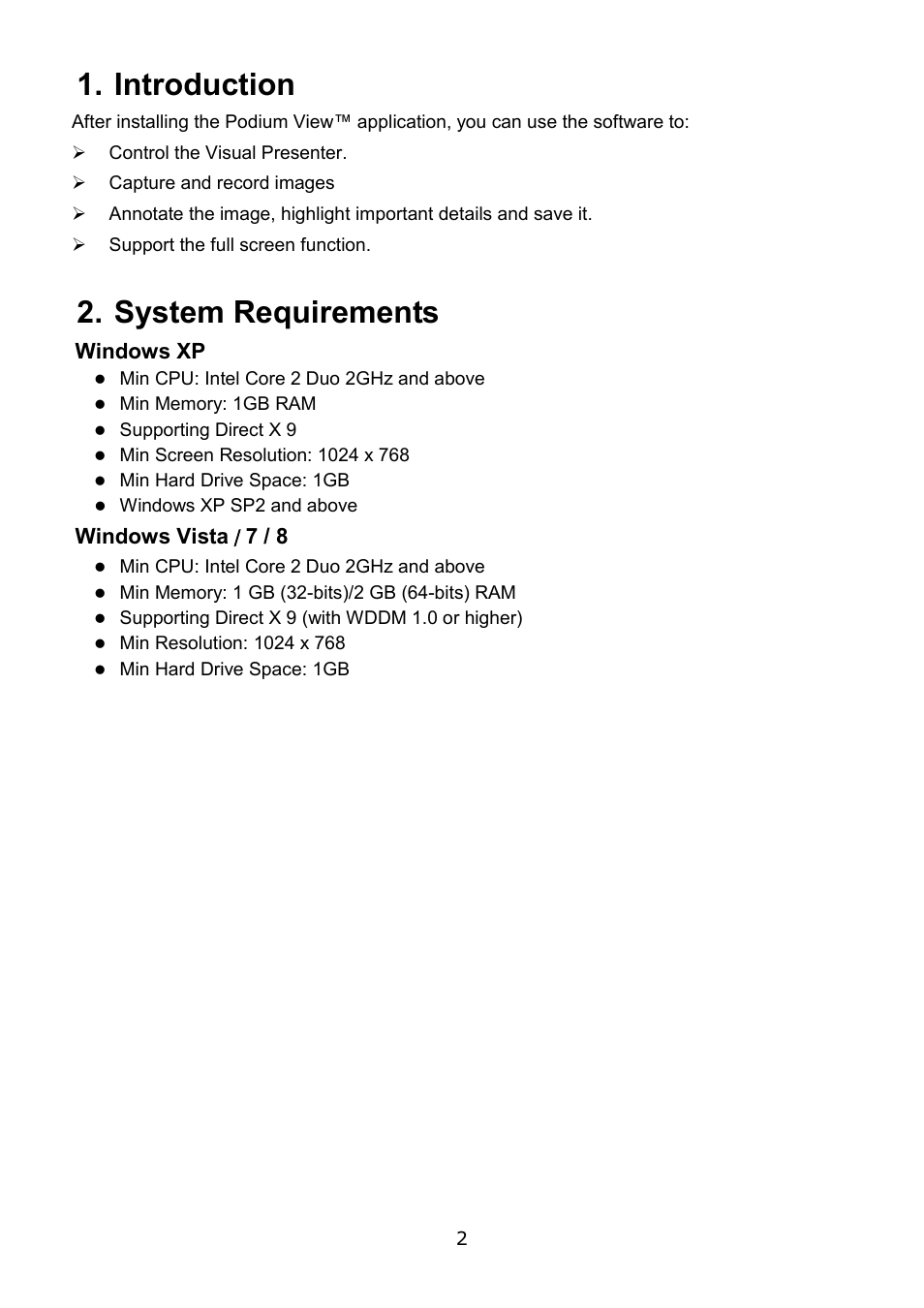 Introduction, System requirements, Windows xp | Windows vista / 7 / 8 | Lumens Technology Podium View PC2.0 User Manual | Page 3 / 20