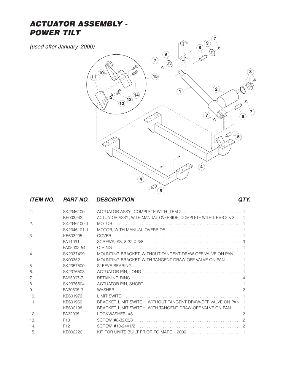Actuator assembly - power tilt, Used after january, 2000), Item no. part no. description qty | Cleveland Range Open Base & Modular Gas Skillet SGL-30-TR User Manual | Page 13 / 22