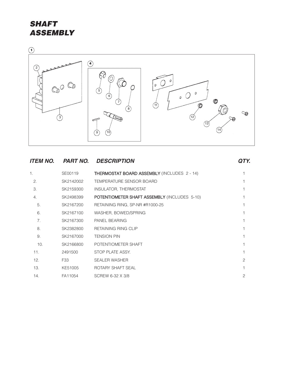 Shaft assembly, Item no. part no. description qty | Cleveland Range Open Base & Modular Gas Skillet SGL-30-TR User Manual | Page 16 / 22