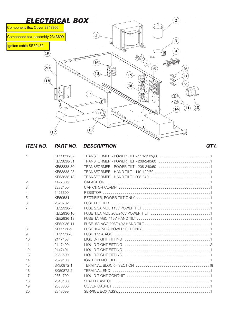 Electrical box, Item no. part no. description qty | Cleveland Range Open Base & Modular Gas Skillet SGL-30-TR User Manual | Page 17 / 22