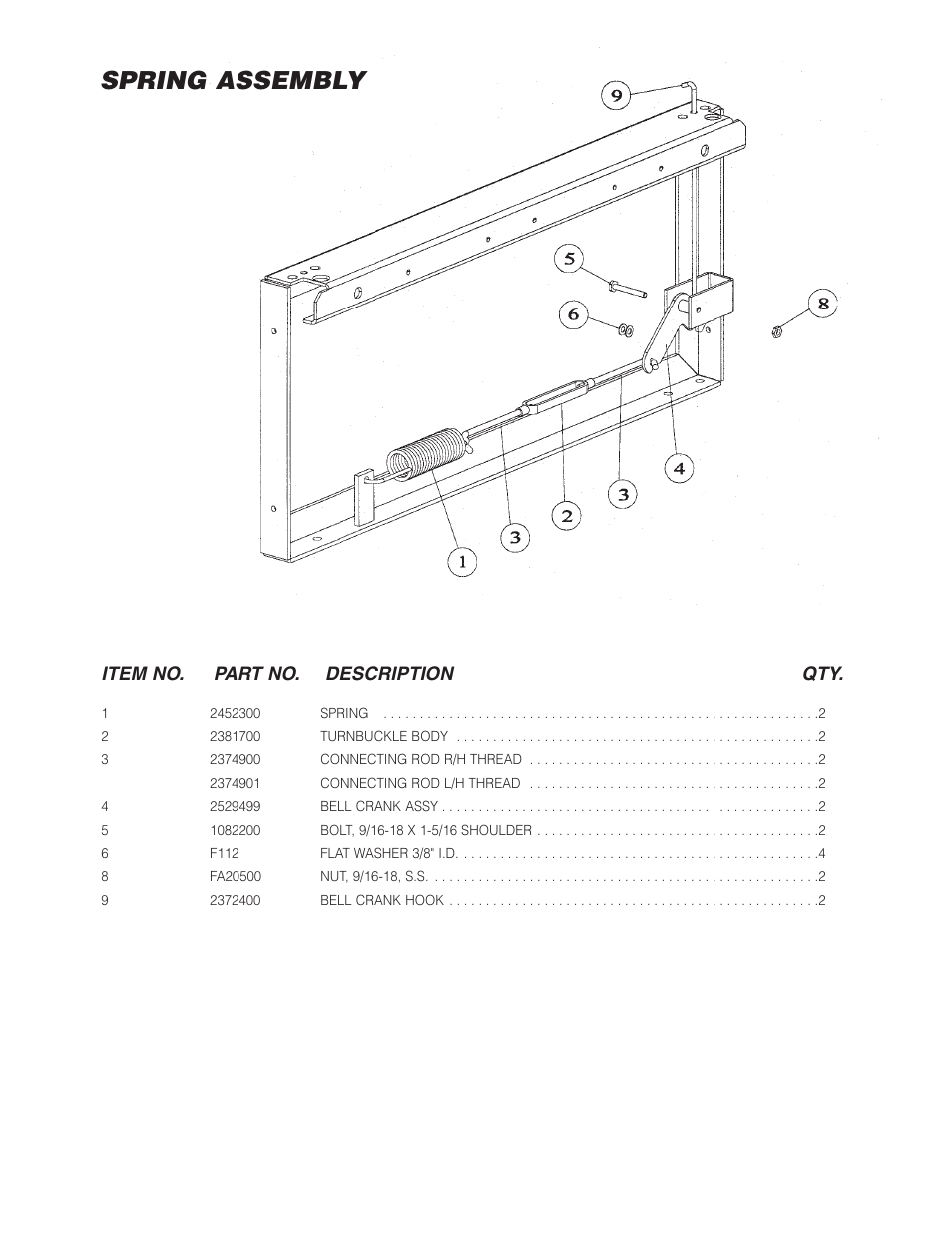 Spring assembly, Item no. part no. description qty | Cleveland Range Open Base & Modular Gas Skillet SGL-30-TR User Manual | Page 19 / 22