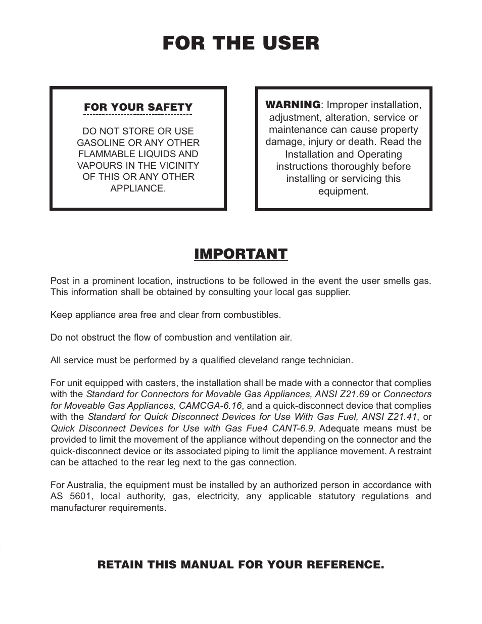For the user, Important | Cleveland Range Open Base & Modular Gas Skillet SGL-30-TR User Manual | Page 2 / 22