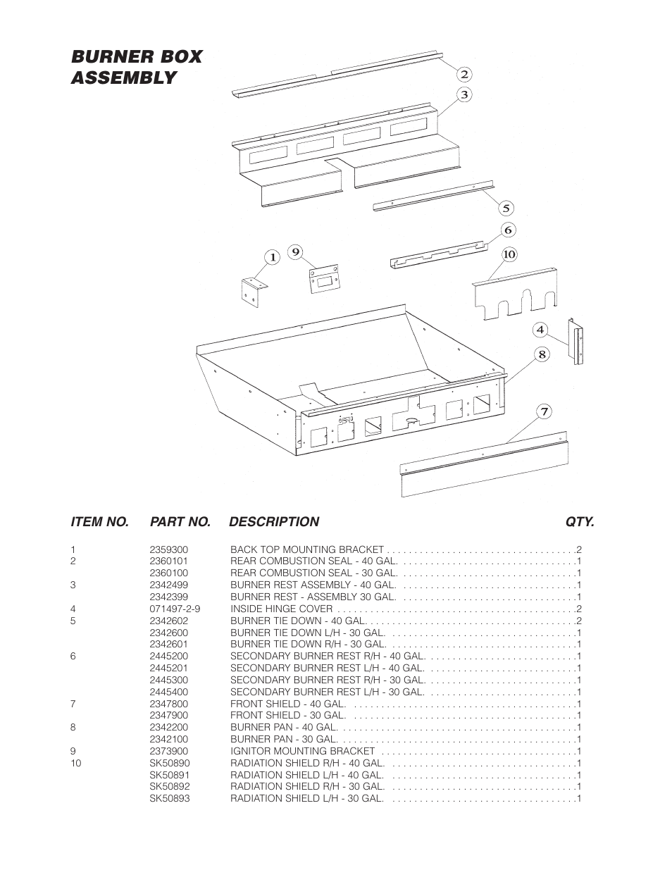 Burner box assembly, Item no. part no. description qty | Cleveland Range Open Base & Modular Gas Skillet SGL-30-TR User Manual | Page 20 / 22