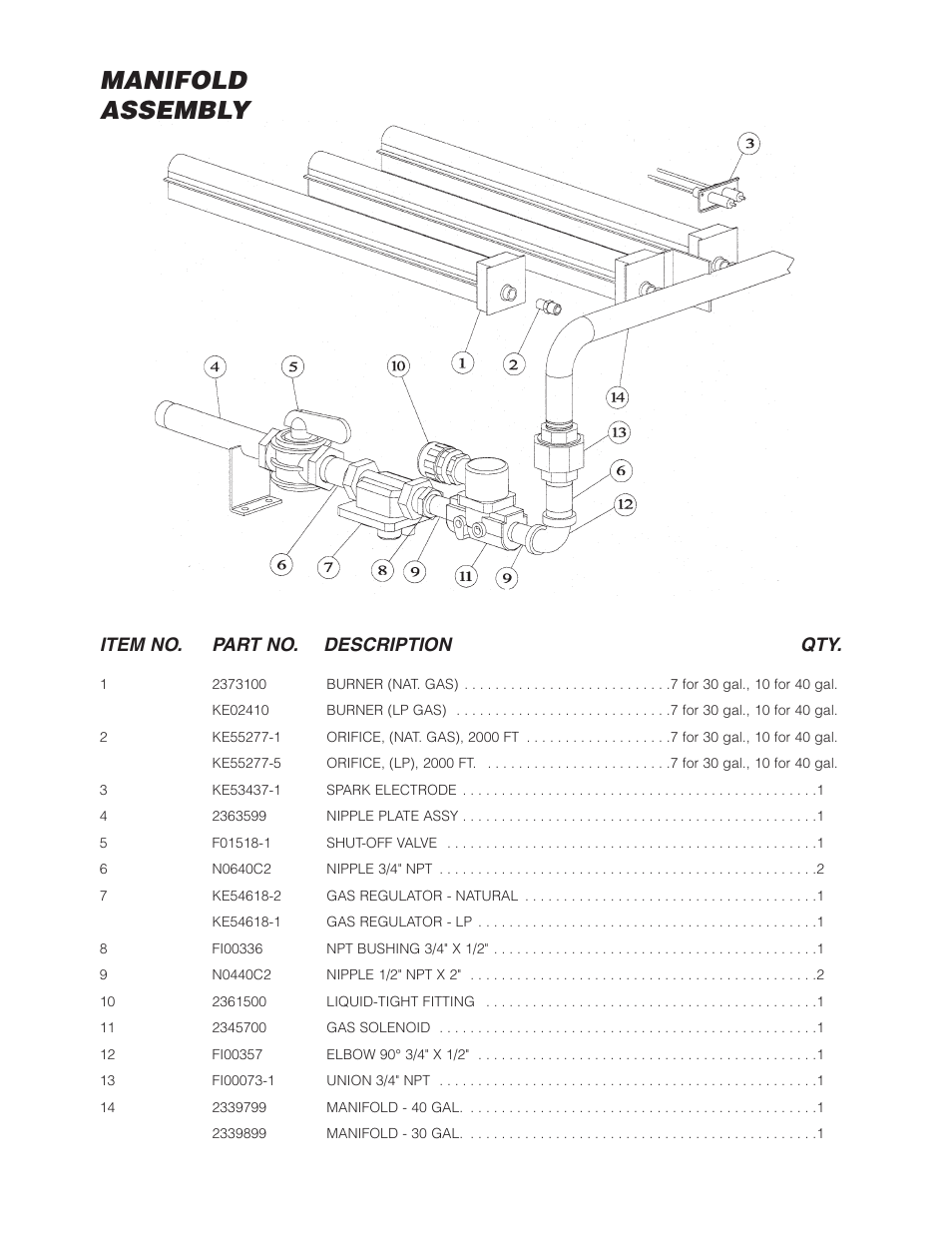 Manifold assembly, Item no. part no. description qty | Cleveland Range Open Base & Modular Gas Skillet SGL-30-TR User Manual | Page 21 / 22