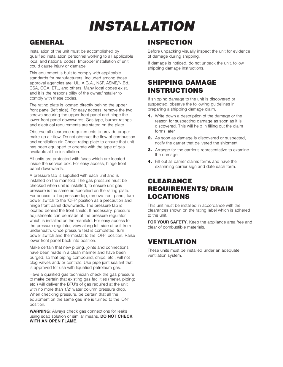 Installation, General, Inspection | Shipping damage instructions, Clearance requirements/ drain locations, Ventilation | Cleveland Range Open Base & Modular Gas Skillet SGL-30-TR User Manual | Page 4 / 22