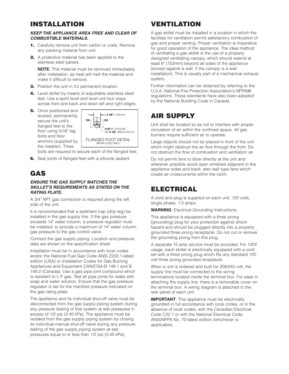 Installation, Ventilation, Air supply | Electrical | Cleveland Range Open Base & Modular Gas Skillet SGL-30-TR User Manual | Page 5 / 22