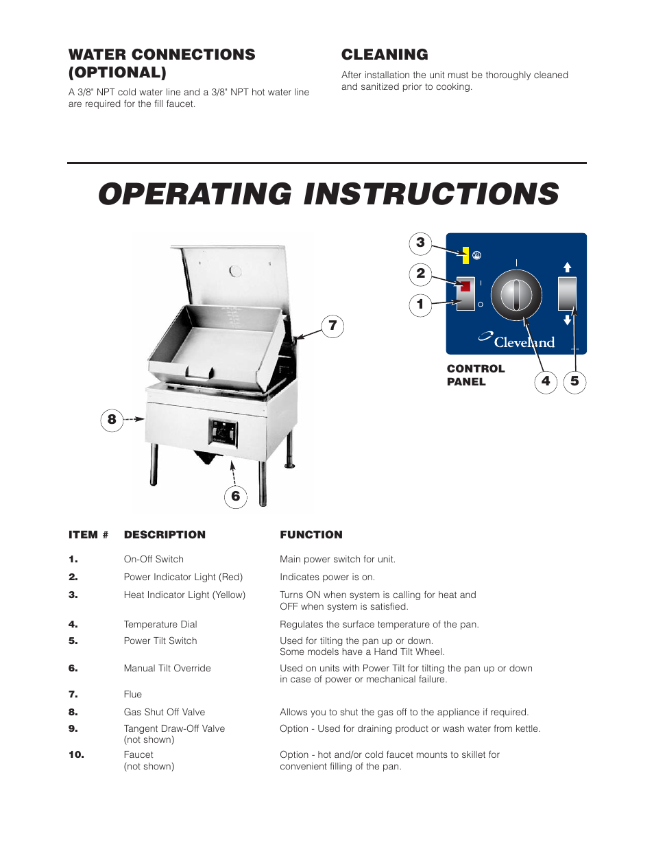 Operating instructions, Water connections (optional), Cleaning | Cleveland Range Open Base & Modular Gas Skillet SGL-30-TR User Manual | Page 6 / 22