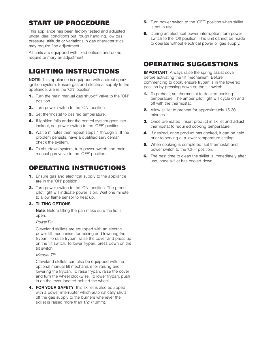 Start up procedure, Lighting instructions, Operating instructions | Operating suggestions | Cleveland Range Open Base & Modular Gas Skillet SGL-30-TR User Manual | Page 7 / 22
