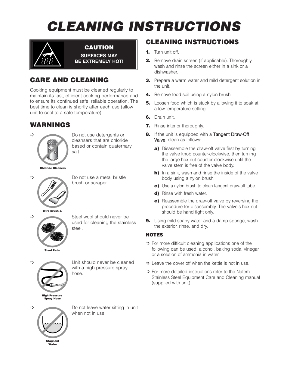 Cleaning instructions, Care and cleaning, Warnings | Cleveland Range Open Base & Modular Gas Skillet SGL-30-TR User Manual | Page 8 / 22