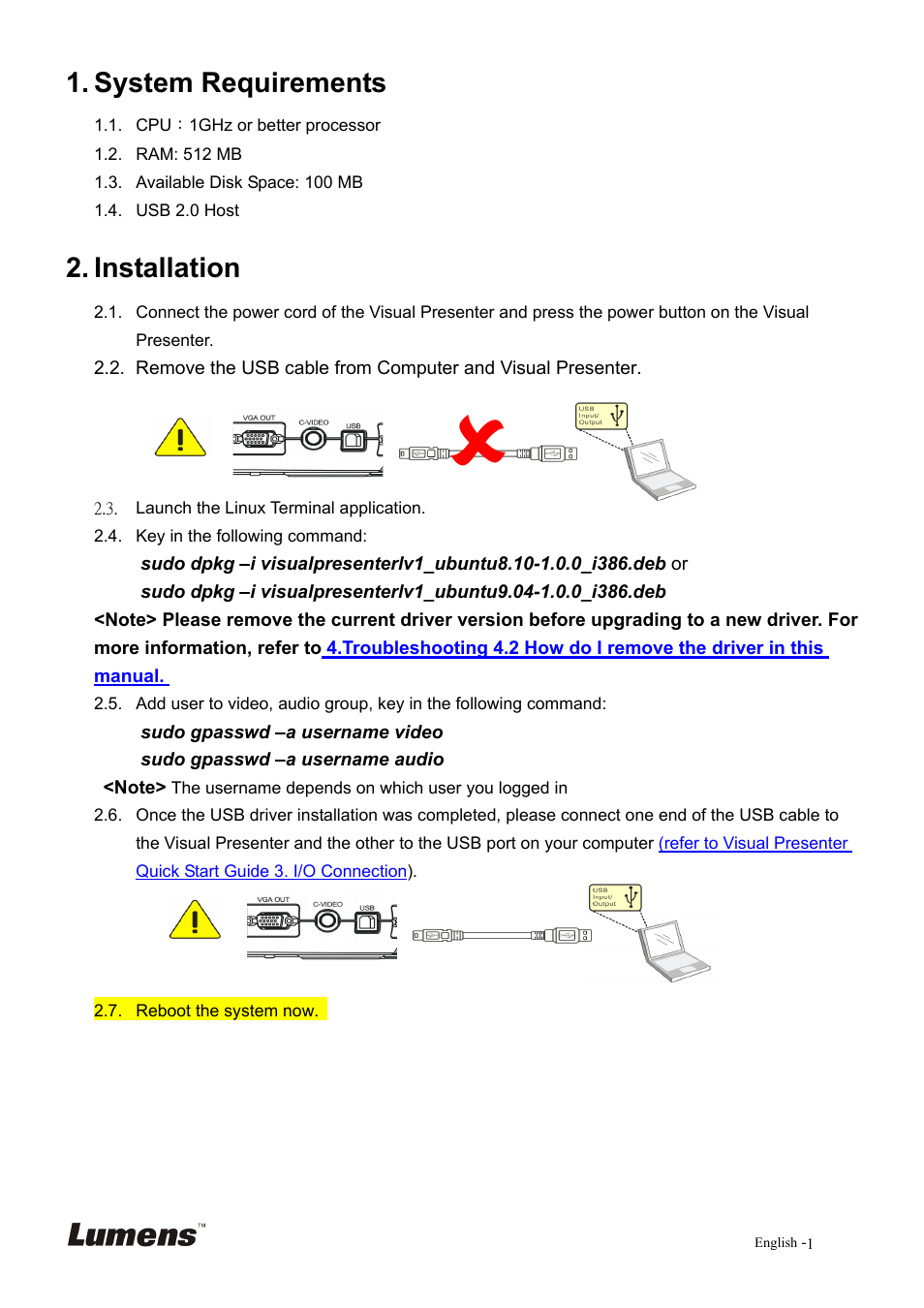 System requirements, Installation | Lumens Technology Linux Driver for Visual Presenter User Manual | Page 2 / 8