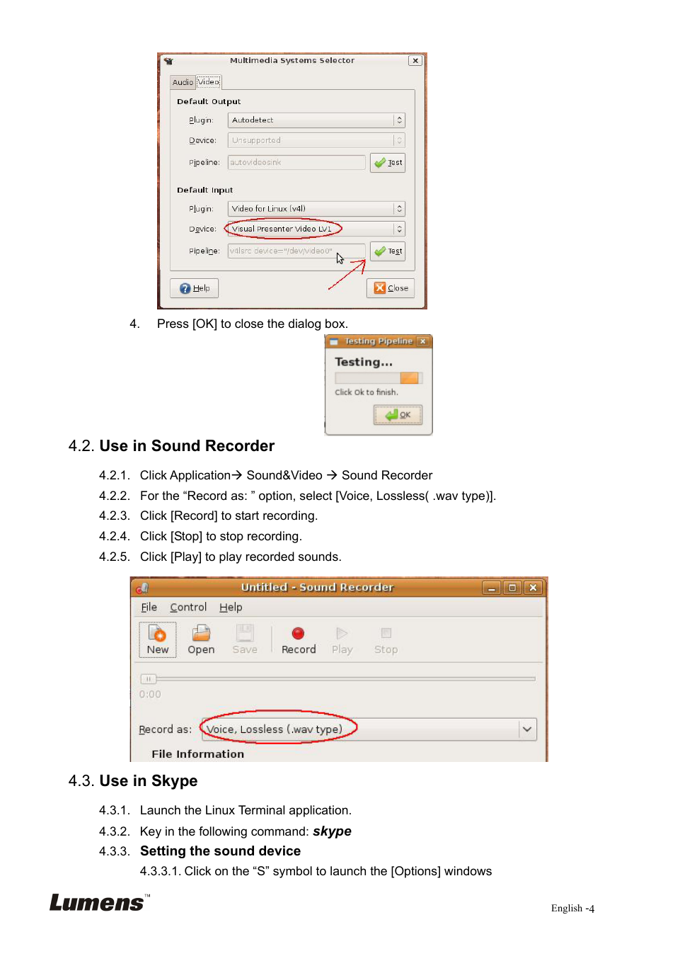 Use in sound recorder, Use in skype | Lumens Technology Linux Driver for Visual Presenter User Manual | Page 5 / 8