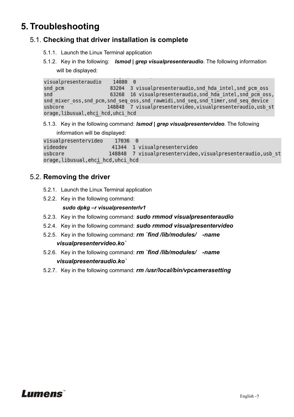 Troubleshooting, Checking that driver installation is complete, Removing the driver | Lumens Technology Linux Driver for Visual Presenter User Manual | Page 8 / 8