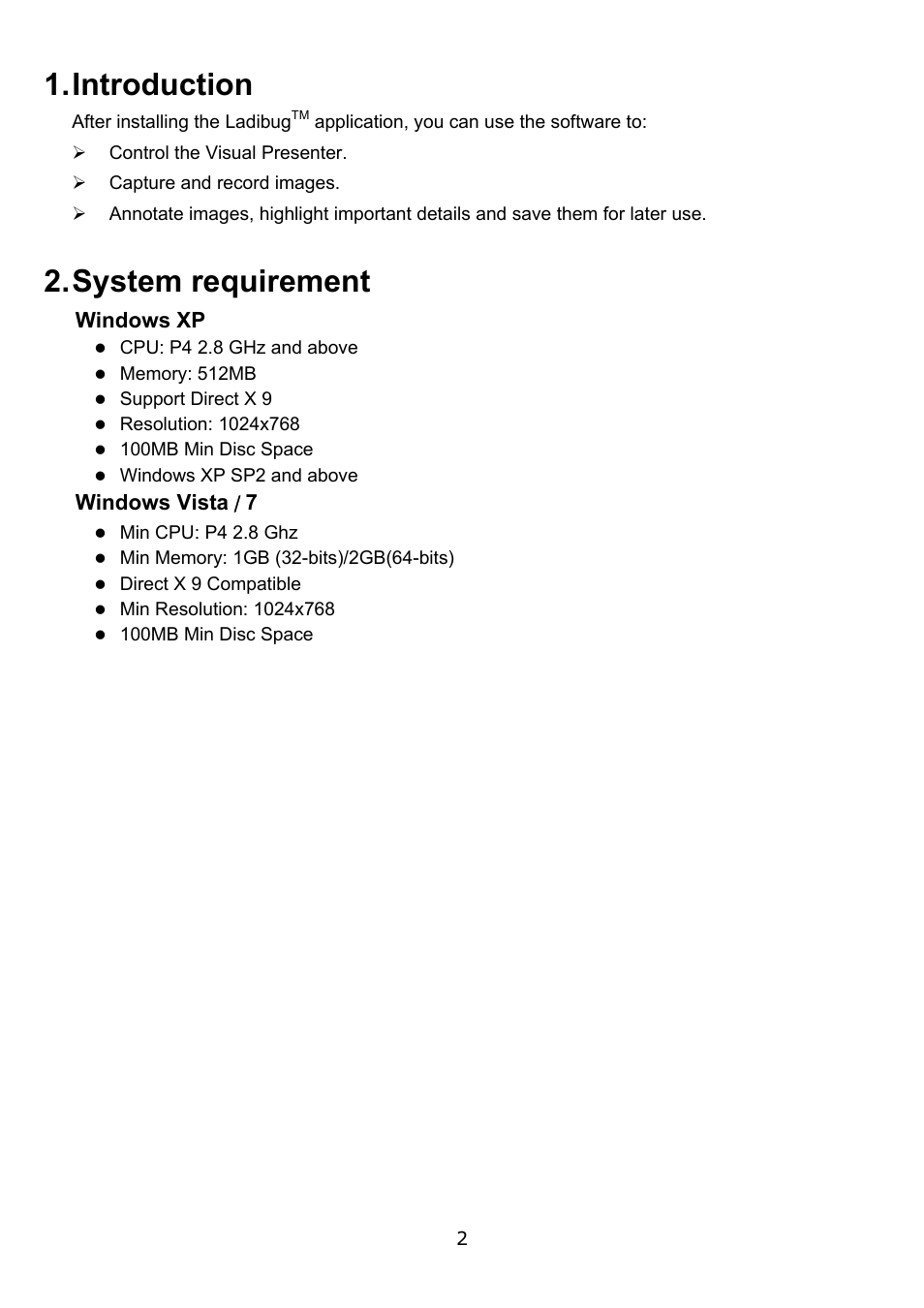 Introduction, System requirement, Windows xp | Windows vista / 7 | Lumens Technology Ladibug PC User Manual | Page 3 / 20