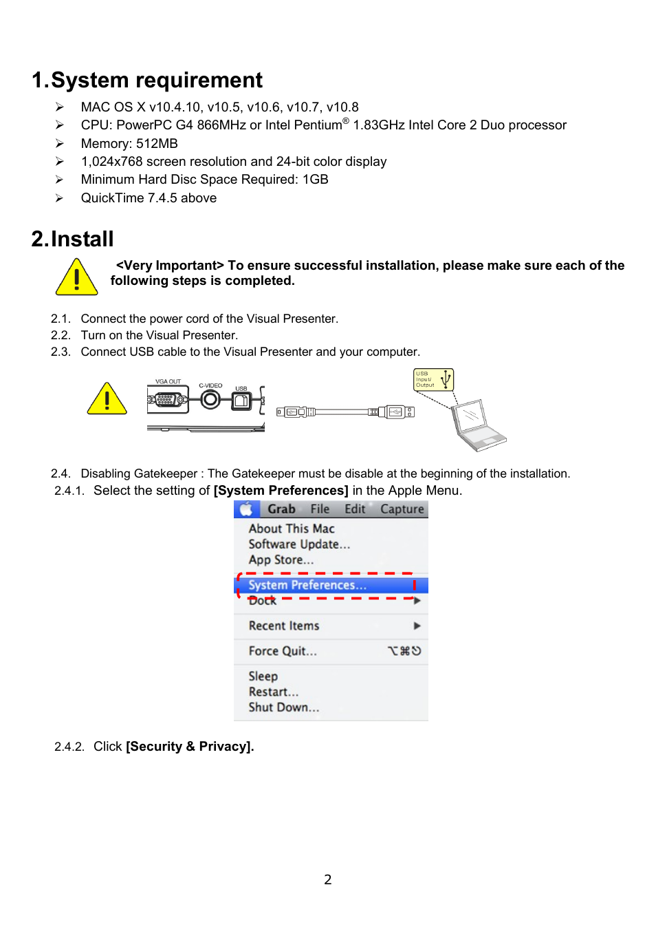 System requirement, Install | Lumens Technology queue MAC Install User Manual | Page 3 / 8