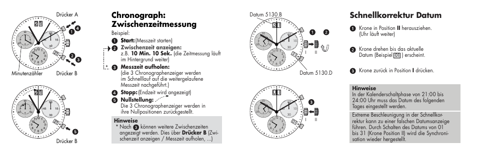 Chronograph: zwischenzeitmessung, Schnellkorrektur datum | Luminox 1800 Series User Manual | Page 10 / 28