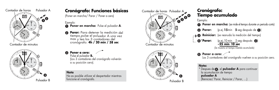 Cronógrafo: funciones básicas, Cronógrafo: tiempo acumulado | Luminox 1800 Series User Manual | Page 14 / 28