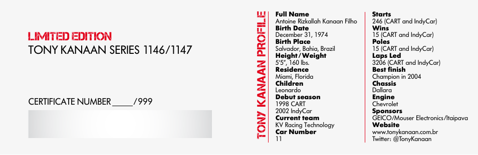 Tony kanaan profile, Certificate number /999 | Luminox 1140 Series User Manual | Page 2 / 15