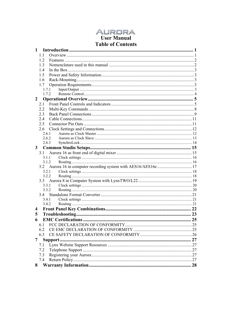 User manual table of contents | Lynx Studio Aurora 16 User Manual | Page 2 / 32