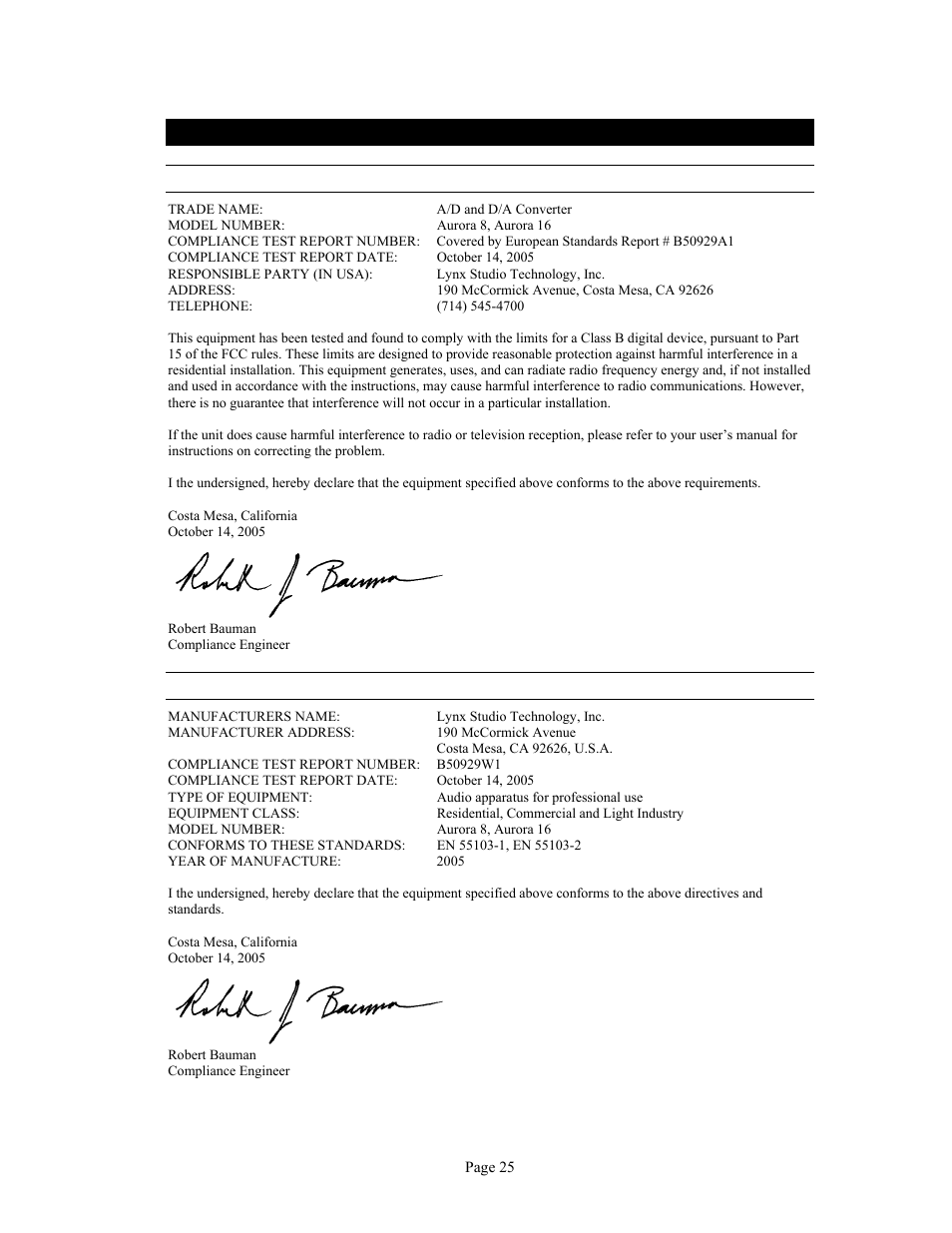 6 emc certifications, 1 fcc declaration of conformity, 2 ce emc declaration of conformity | Lynx Studio Aurora 16 User Manual | Page 27 / 32