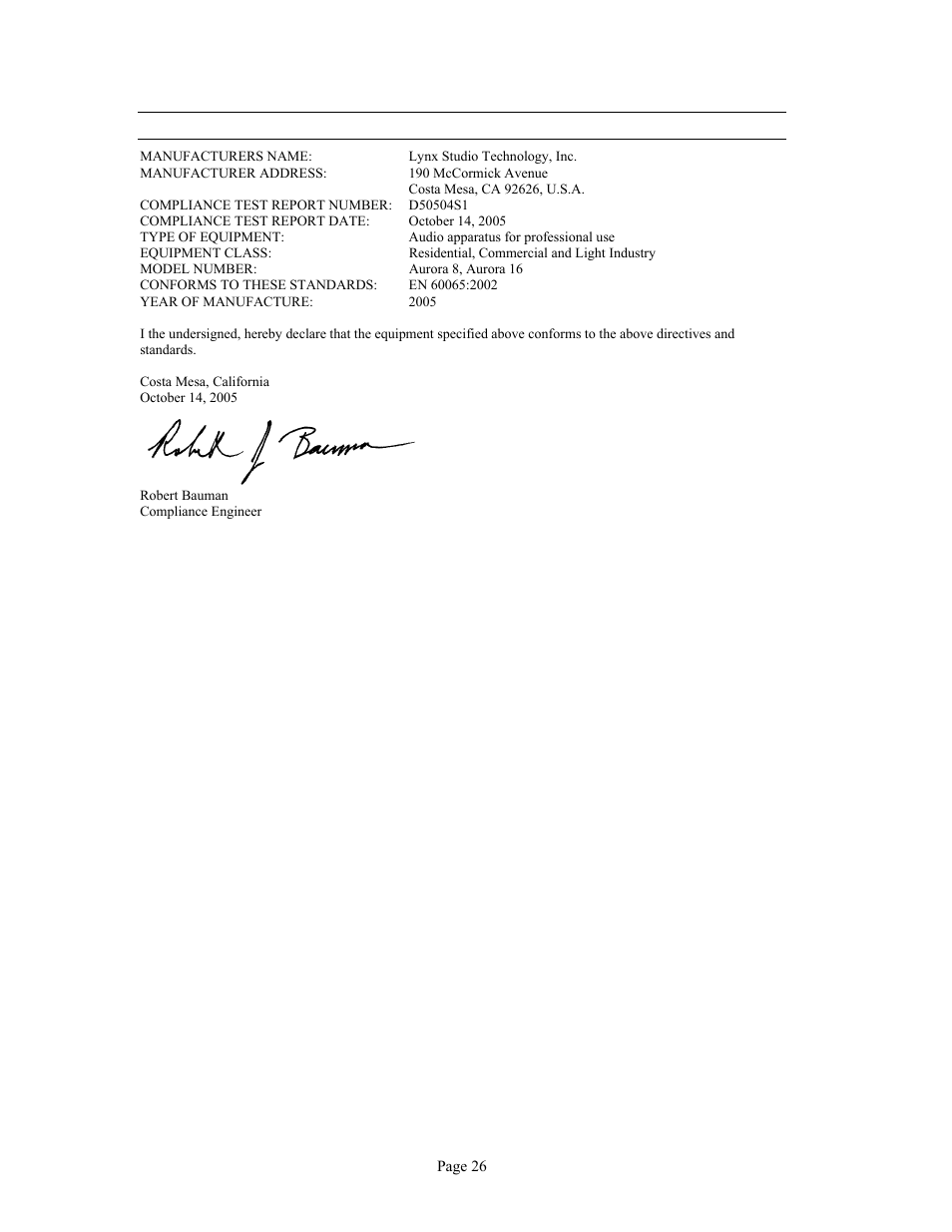 3 ce safety declaration of conformity | Lynx Studio Aurora 16 User Manual | Page 28 / 32