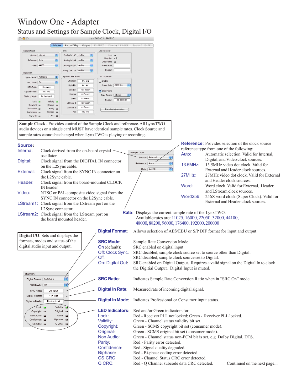 Window one - adapter, Status and settings for sample clock, digital i/o | Lynx Studio LynxTWO Macintosh Mixer Addendum User Manual | Page 2 / 8