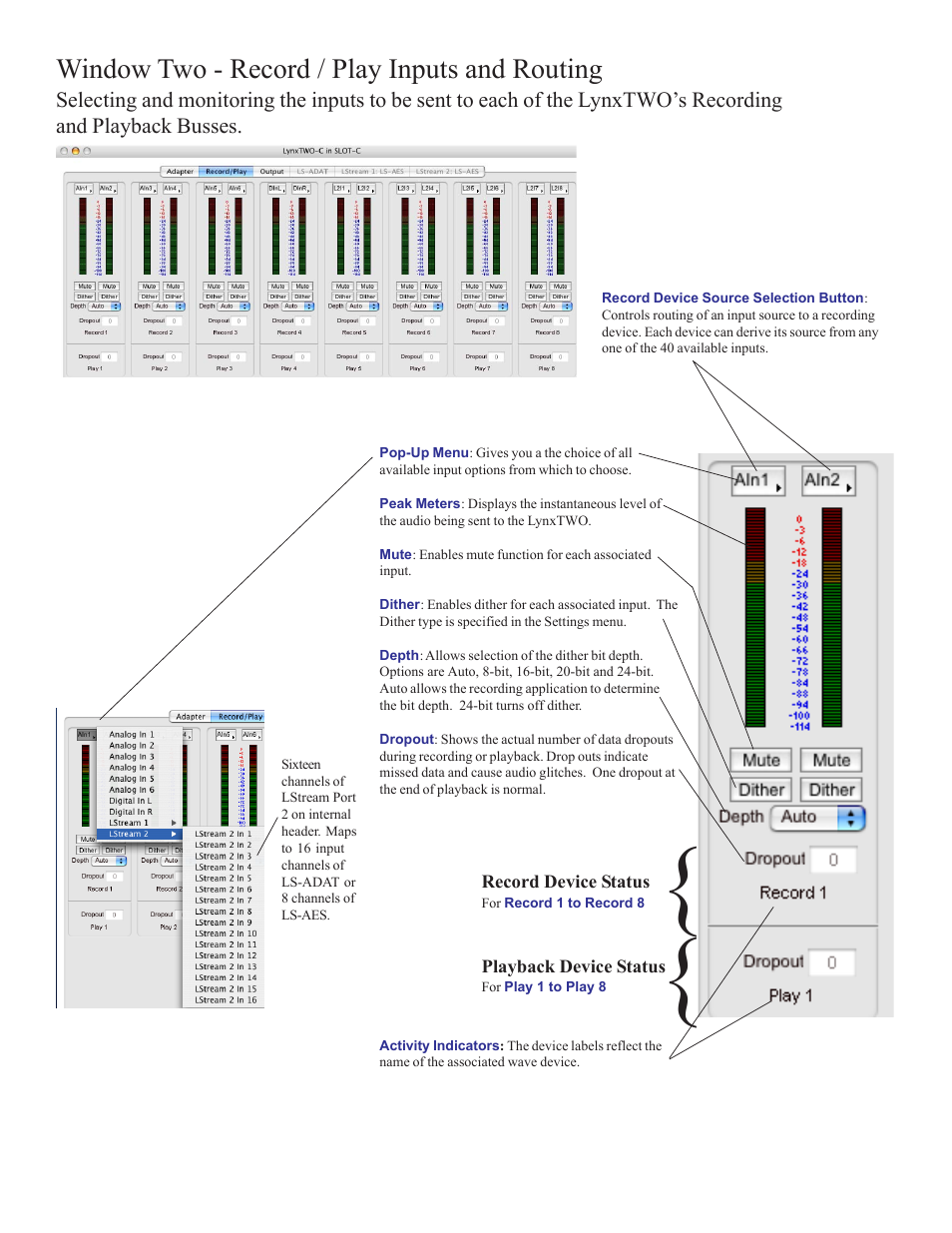 Window two - record / play inputs and routing | Lynx Studio LynxTWO Macintosh Mixer Addendum User Manual | Page 4 / 8