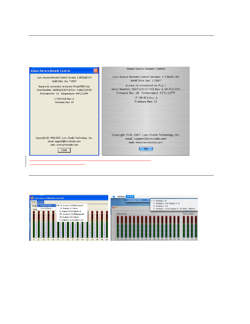 4 about aurora remote control window, 5 lt-fw menu | Lynx Studio LT-FW User Manual | Page 26 / 43