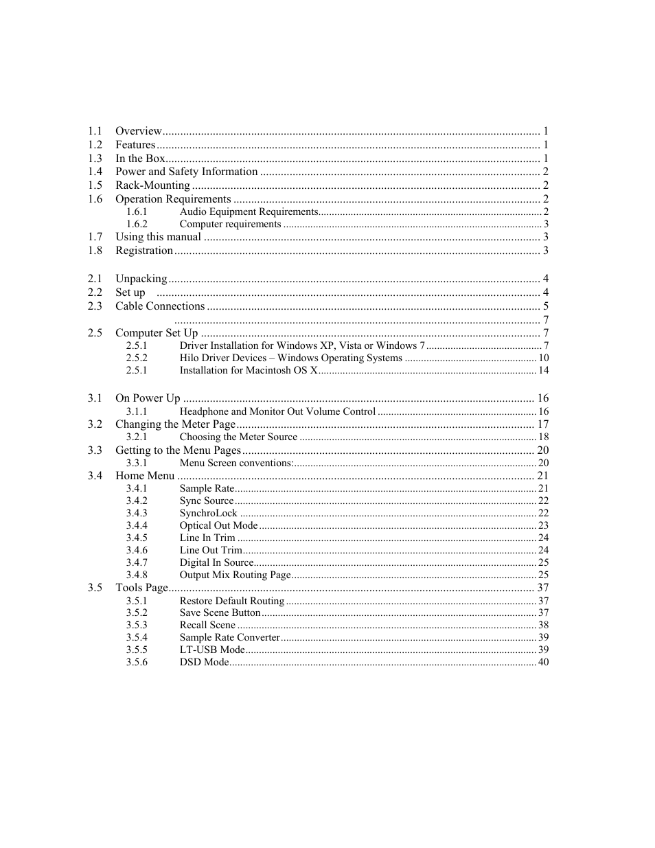 User manual table of contents | Lynx Studio Hilo Reference A/D D/A Converter System - Owner's Manual with LT-USB User Manual | Page 3 / 68