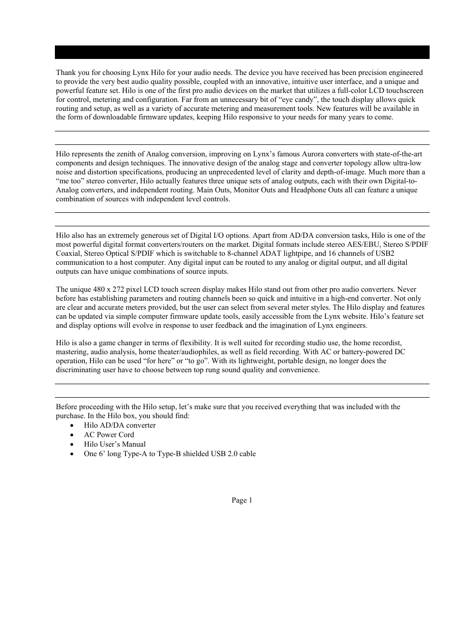 1 introduction | Lynx Studio Hilo Reference A/D D/A Converter System - Owner's Manual with LT-USB User Manual | Page 5 / 68
