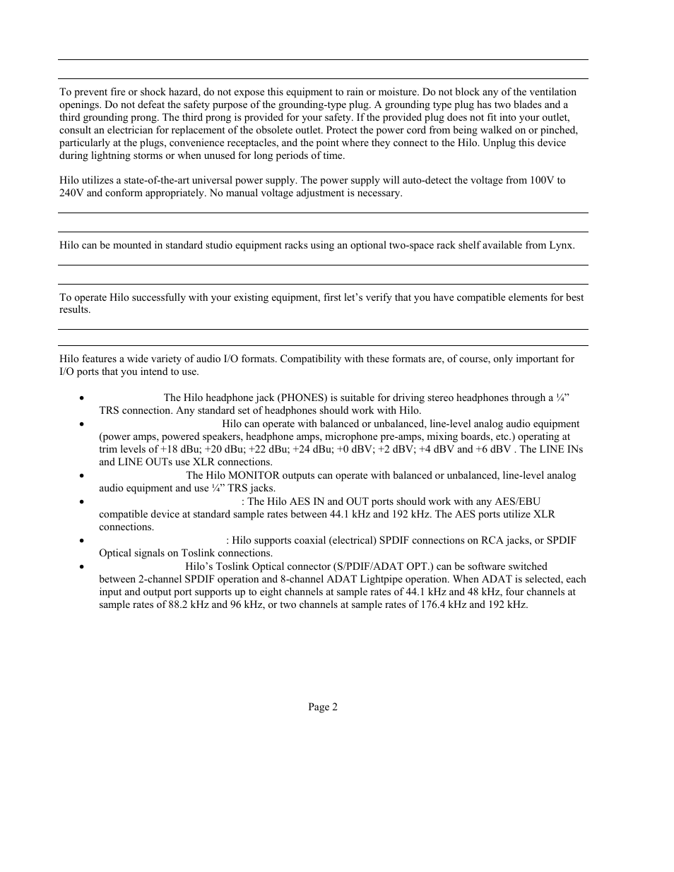 Lynx Studio Hilo Reference A/D D/A Converter System - Owner's Manual with LT-USB User Manual | Page 6 / 68