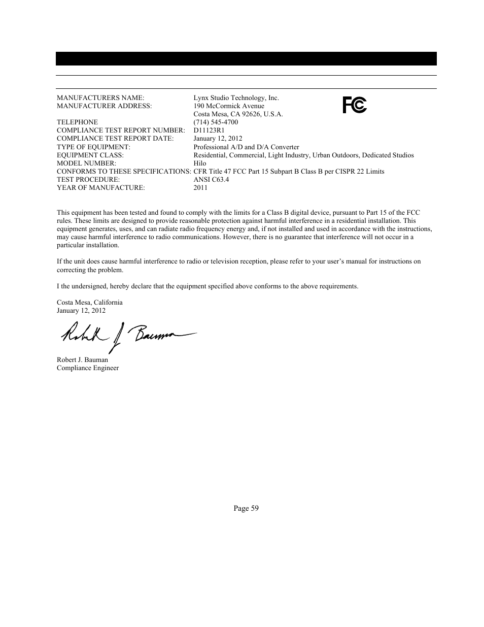 8 certifications, 1 fcc declaration of conformity | Lynx Studio Hilo Reference A/D D/A Converter System - Owner's Manual with LT-USB User Manual | Page 63 / 68