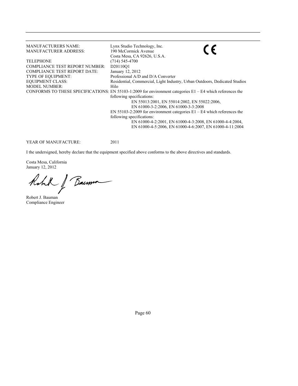 2 ce emc declaration of conformity | Lynx Studio Hilo Reference A/D D/A Converter System - Owner's Manual with LT-USB User Manual | Page 64 / 68