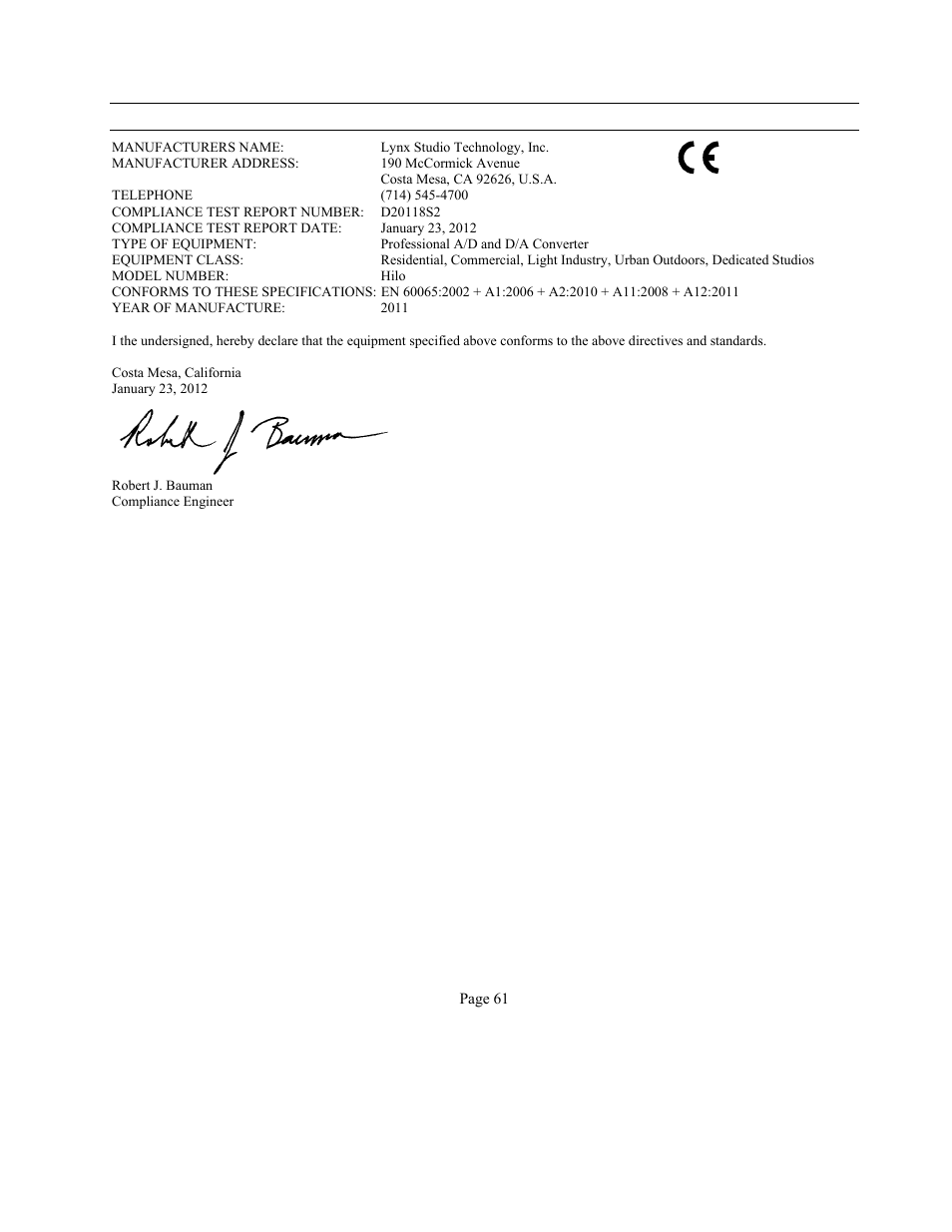 3 ce safety declaration of conformity | Lynx Studio Hilo Reference A/D D/A Converter System - Owner's Manual with LT-USB User Manual | Page 65 / 68